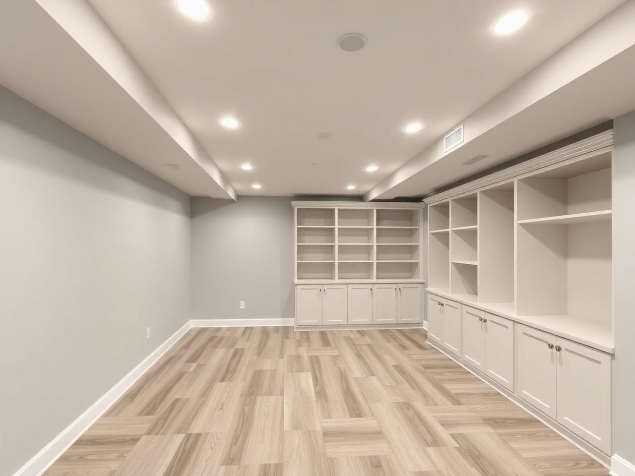 Finished basement with vinyl plank flooring and built-ins