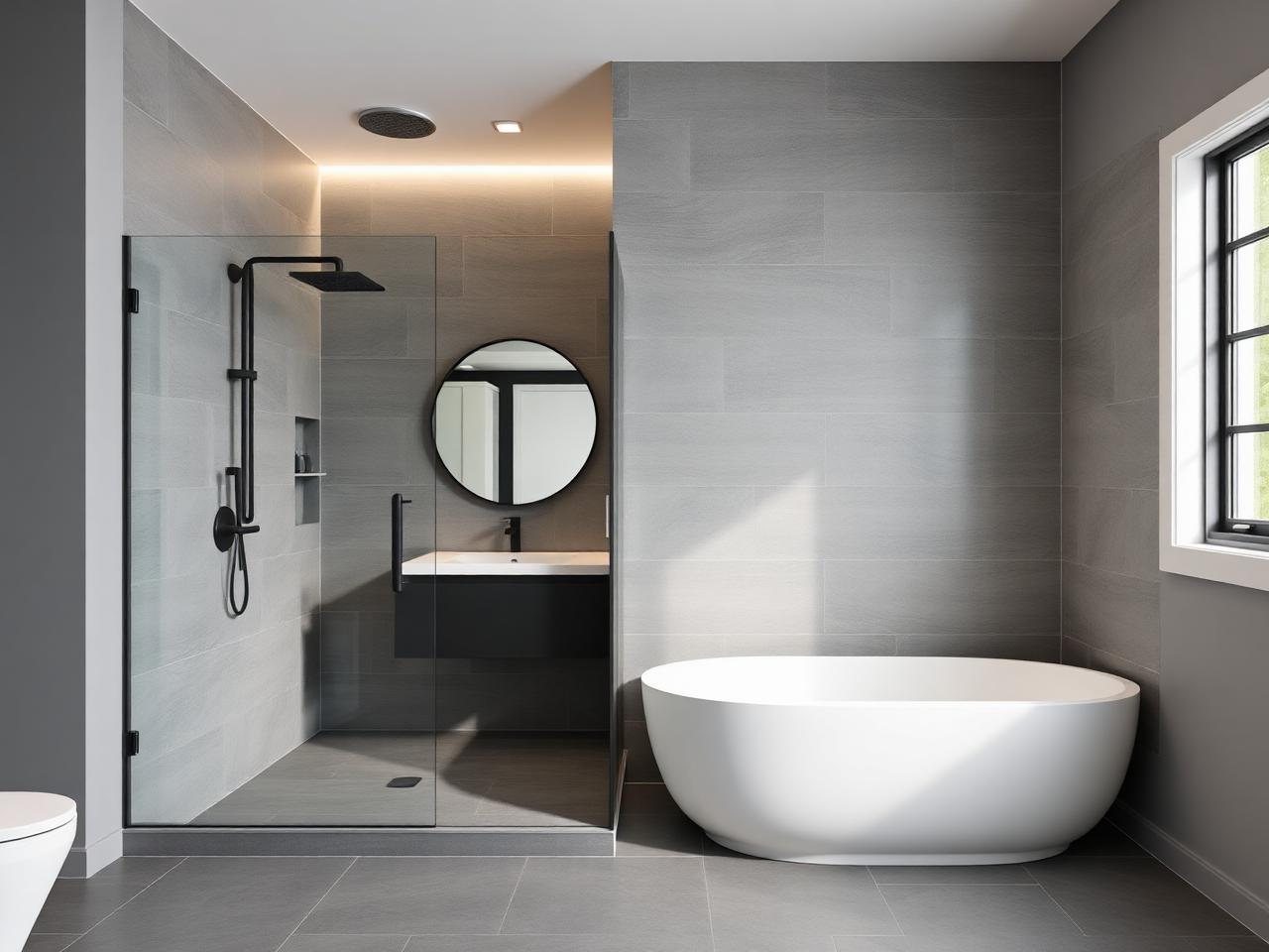 Bathroom remodel with walk-in glass shower and floating vanity