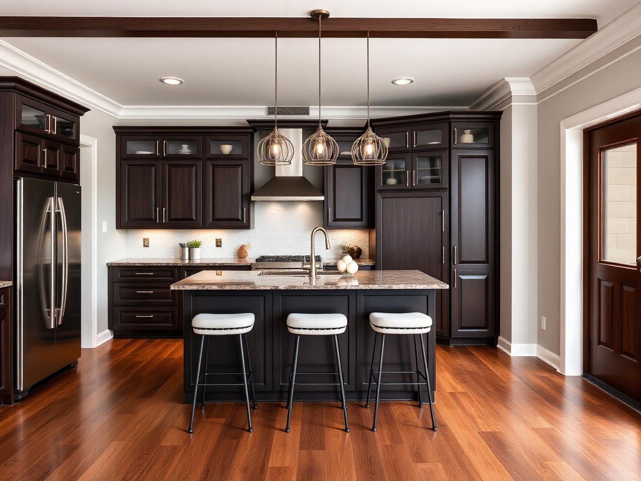 Dark wood kitchen remodel with granite island
